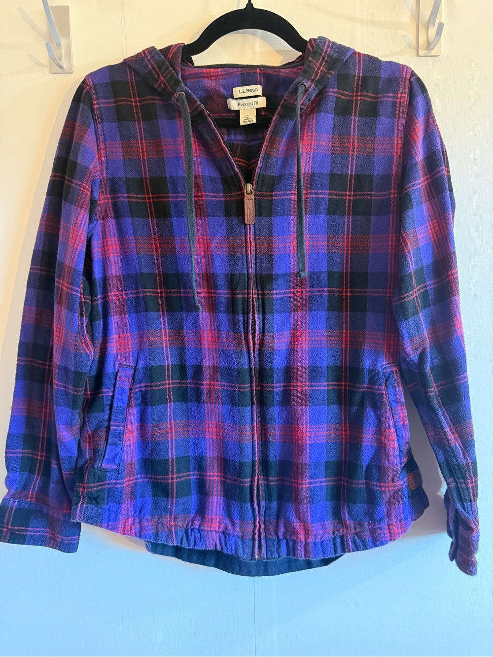 L.L.Bean Hooded Flannel Jacket Small Red Blue Plaid Full Zip Cotton Shacket